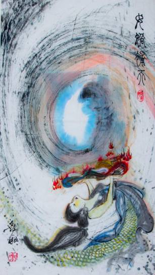 25水墨画《女娲补天》139X69cm,作于2018年9月