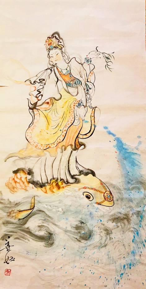 10水墨画《普洒甘露》139X69cm,作于2018年9月