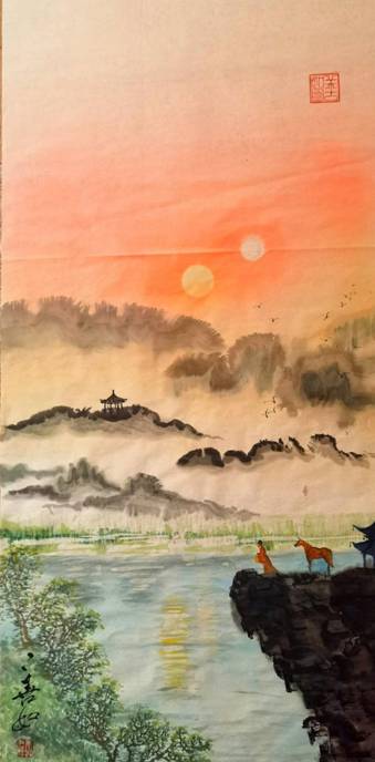 2水墨画《日月同辉》127X79,作于2023年2月
